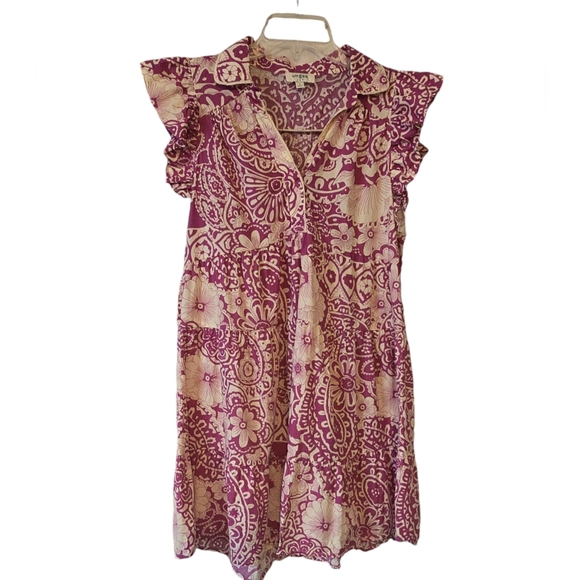 Umgee Vibrant Pink and Cream Patterned Mini Dress - Picture 2 of 8